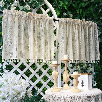 Fenstervorhänge mit durchsichtigen Ebenen, Vintage-Quasten, für die Küche, kurzes Paneel, Stangentasche, Volant, Boho-Hohlgaze, Drape, Voile, durchsichtiger Vorhang