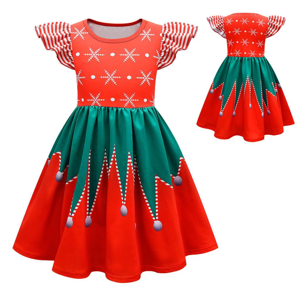New Christmas Cosplay Children's Performance Dress Flying Sleeves Fashionable Cute Comfortable Casual Fun Striped Children Dress