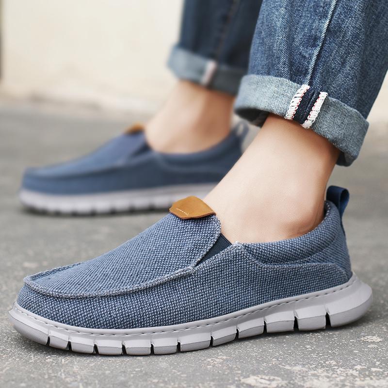 Men Outdoor Canvas Shoes Blue Slip on Sneakers Driving Shoes Casual Khaki Wide Head Shoes for Farther Plus Size Lightweight