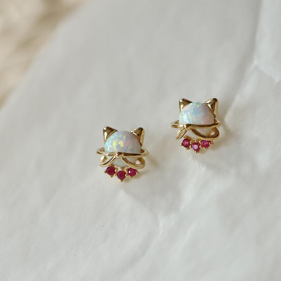 S925 Sterling Silver & 14K Gold Plated Cat Head Stud Earrings with Imitation Opal 14K Gold Pair (with Earplugs)
