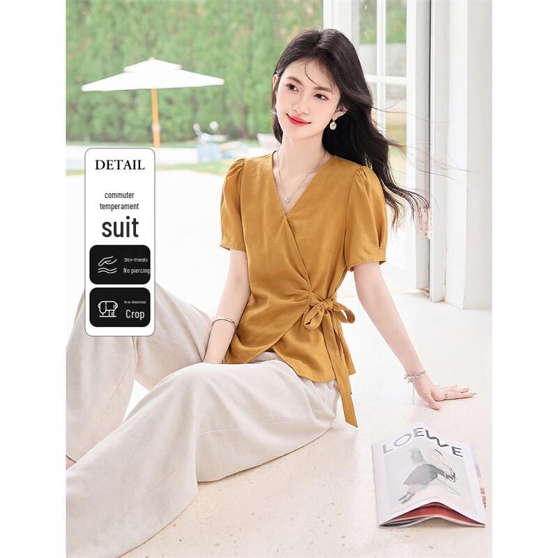 Women s Fashion Commuter V-Neck Shirt & Long Trousers Two-Piece Set XL