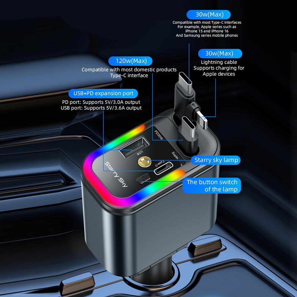 5 In 1 Total Power 180W Car Fast Charger with Retractable Cable USB Type-C Power Adapter with Color Ambient Light and Starry Sky Light for IOS Android