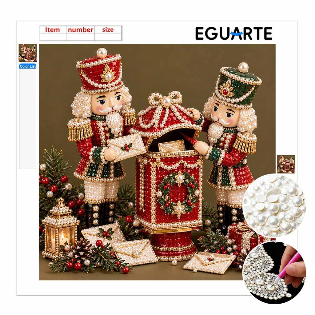 Handmade Framed Pearl Painting Set with Christmas Nutcracker and Letter Box Design 5D Shiny Bead Art Canvas Creative Craft for Holiday Room Decor