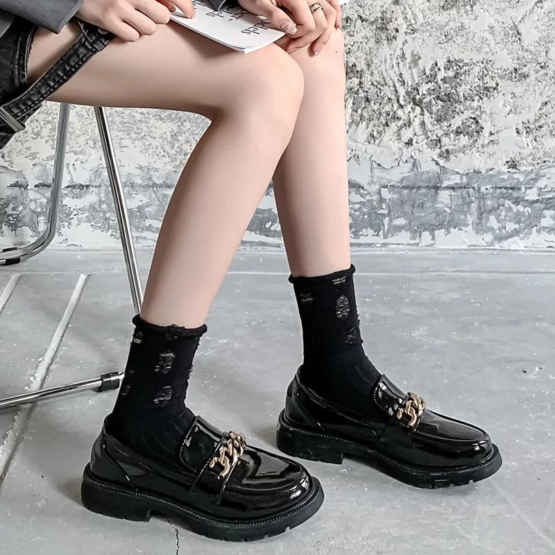 Distressed Mid Calf Socks Women Black Cotton Ripped Hole Stackable Boho Chic Tube Socks Three Season Spring Summer Fall
