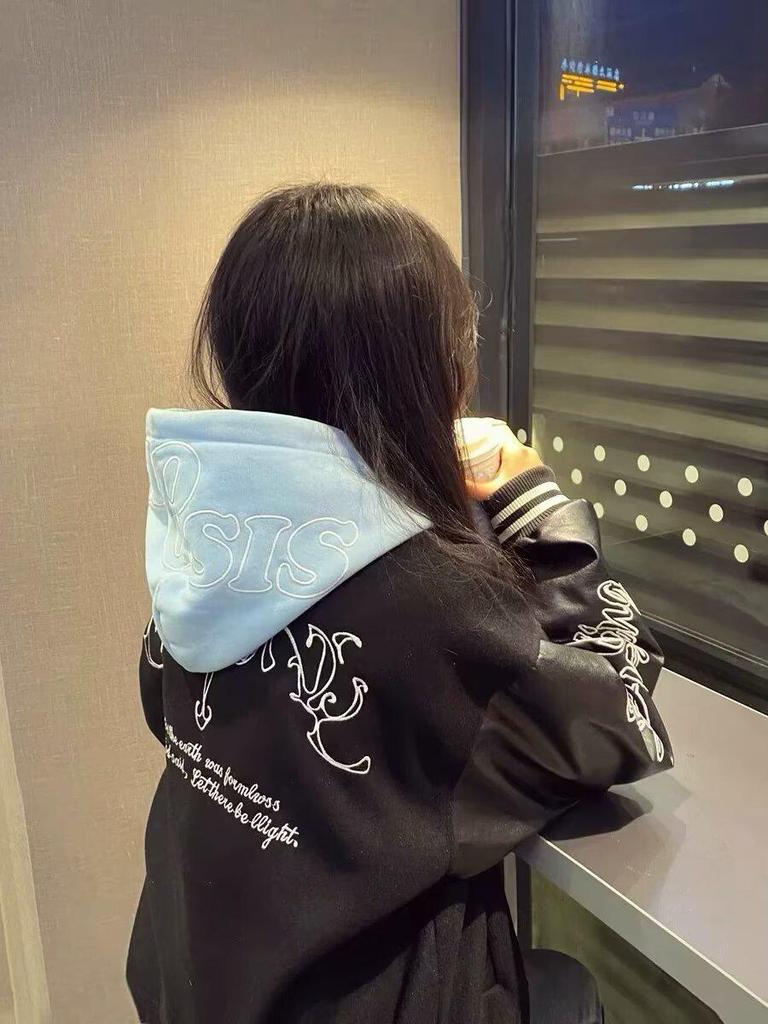 Unisex American Purple Letter Embroidery Color Block Baseball Jacket - Loose Fit, Spring 2025 High Street Trend.