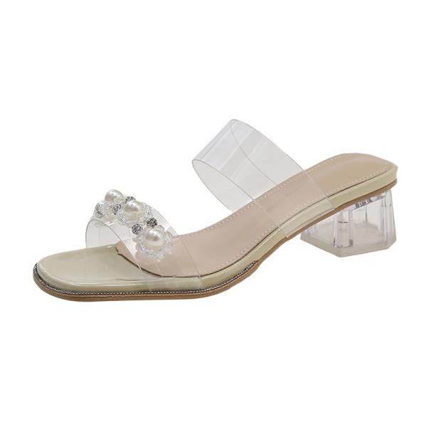Fashion Shoes Women Glitter Slides Square heel Slippers Heels Med Low Pantofle Soft Jelly Block High Transparent Summer 2025 PU PVC Rub
