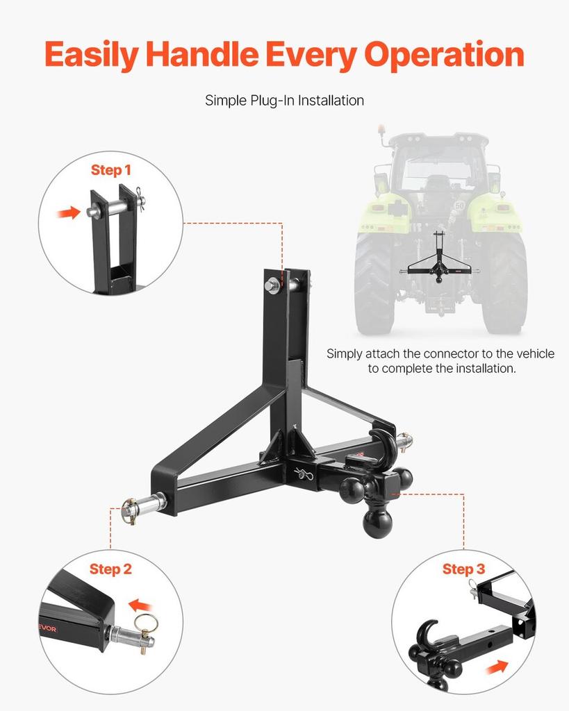 3 Point Trailer Hitch with 2 In Receiver, 3pt Quick Hitch Attachment, Heavy Duty Tractor Tow Drawbar Adapter, Compatible with Kubota, Mahindra, Ford,