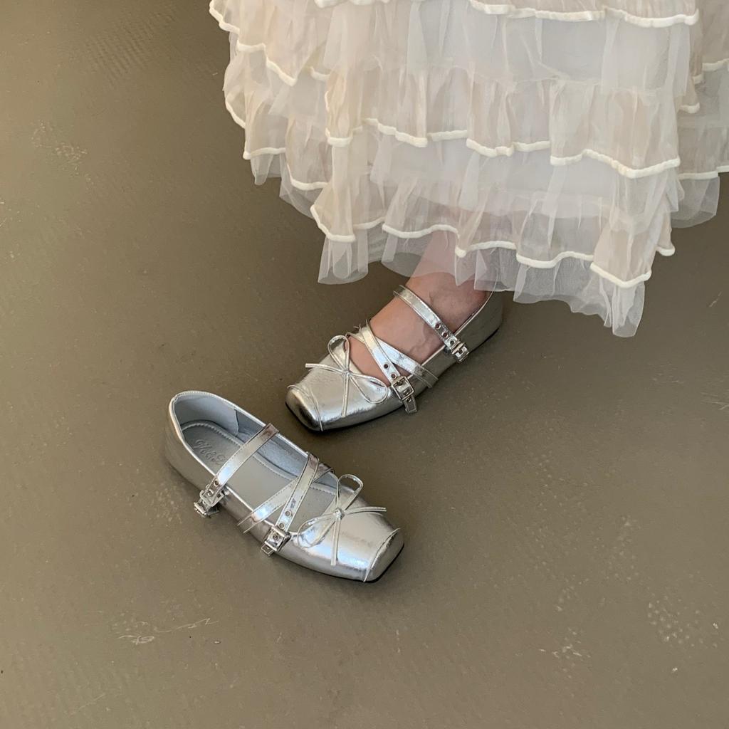 Retro Niche Design Flat-bottomed Square Head Single Shoes Ballet Shoes Early Autumn New French Silver Mary Jane Shoes Women's Shoes
