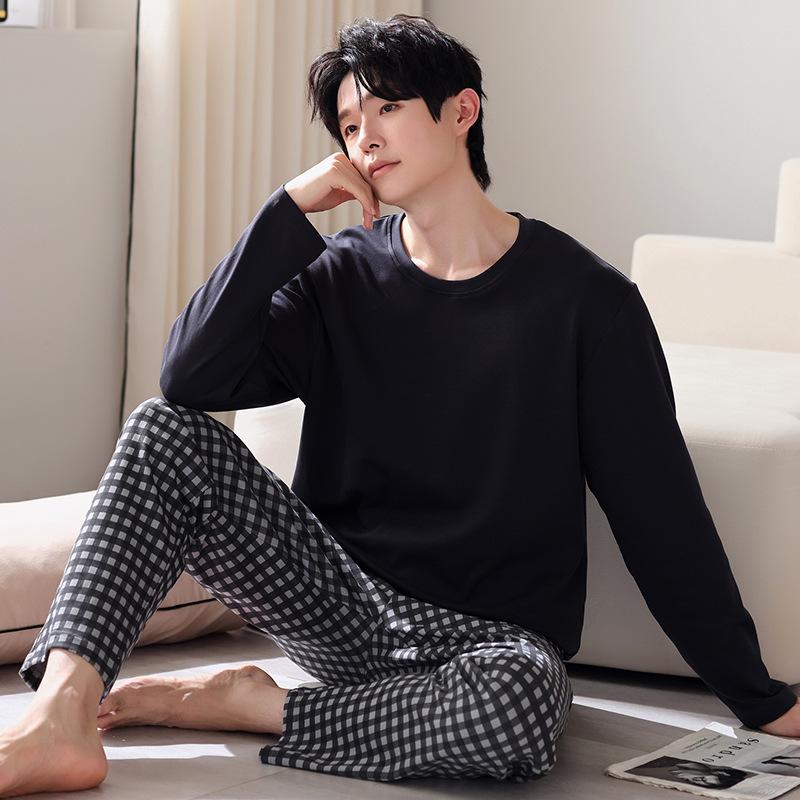 Pajamas Men'S Spring And Autumn Autumn Cotton Long Sleeve Casual Loungewear Autumn Men'S Crew Neck Large Size Two-Piece Set