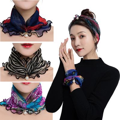 Fake Pearl Pendant Ruffle Lace Scarf Organza Neck Collar Chiffon Scarves Print Shiny Scarf Multi-functional Elastic Neck Wrap