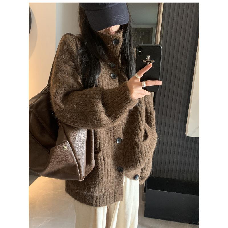 Gray soft waxy turtleneck cardigan sweater jacket women wear lazy wind loose medium and long knitted sweater in autumn and winter