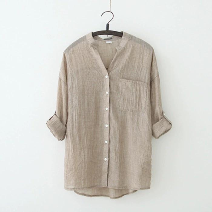 

Women s Sun-Protective Linen Shirt Loose 3/4 Sleeve Stand-Up Collar Fresh and Comfortable Linen Blend 3XL хакі