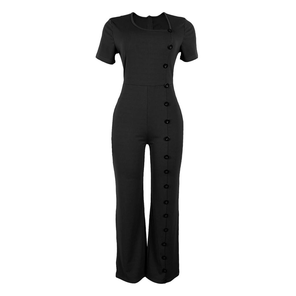 Irregular Neckline Waist-Gathering Wide-Leg Jumpsuit