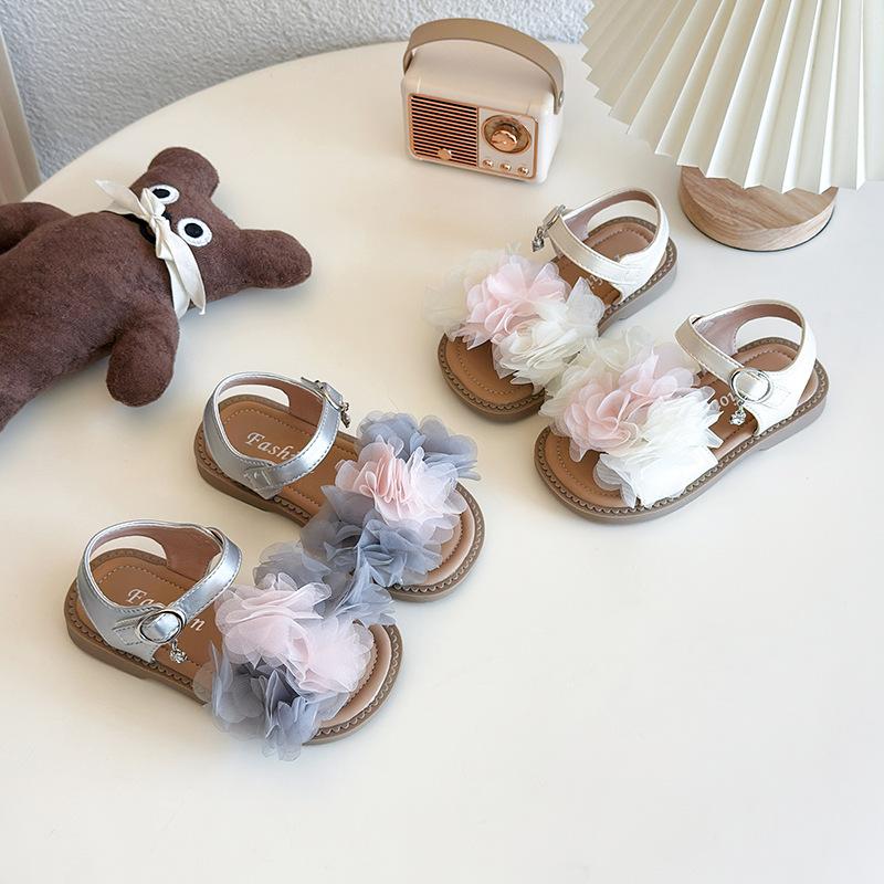 Girls Sandals Non-slip Soft Sole Kids Princess Shoes Lace Flowers Mixed Color 2025 Summer New Children Beach Shoes Fashion Sweet