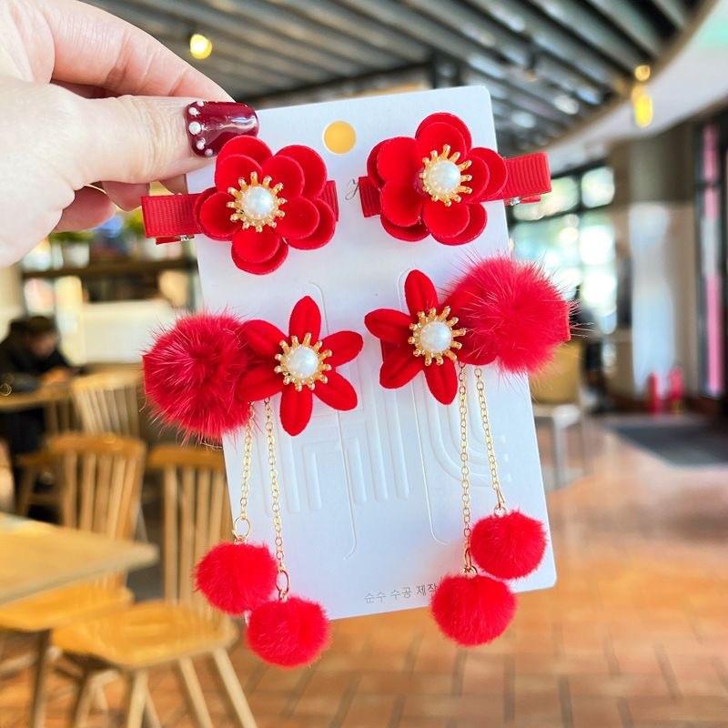 Red New Year Hanfu Hair Clips for Girls - Chinese Style Floral Headwear