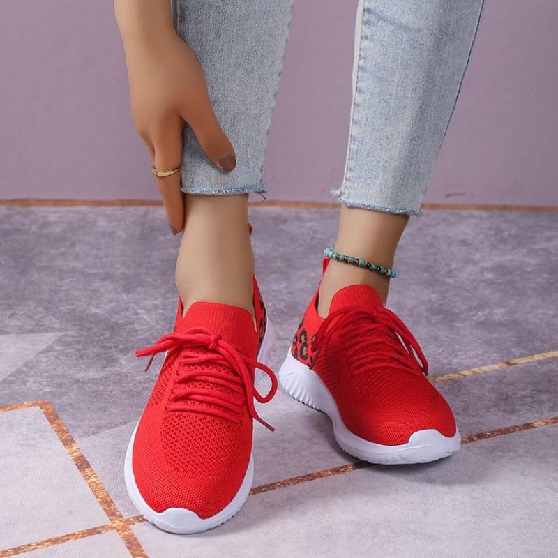 Women's casual sports shoes New leopard print round head lace-up flat bottom comfortable mesh women's shoes