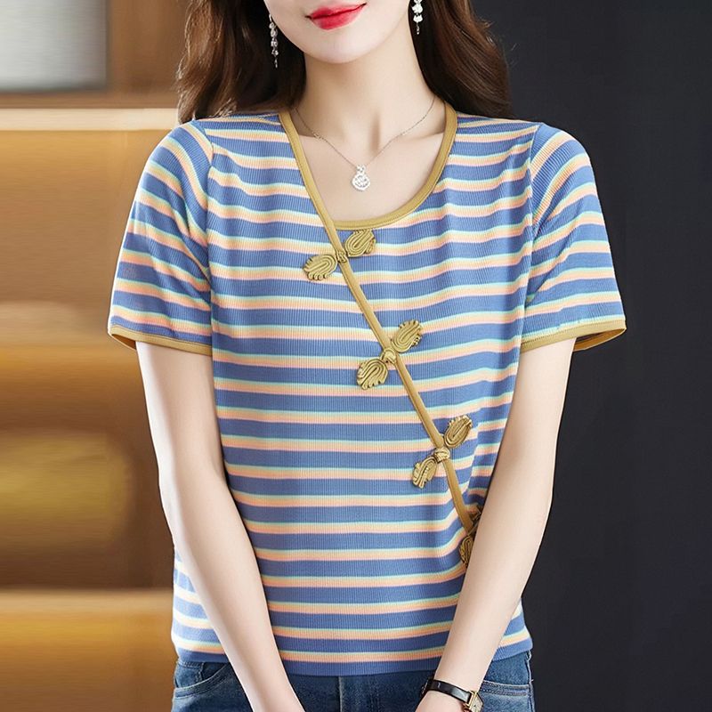 

Large size women s clothing pullover side retro button short-sleeved t-shirt summer new fashion versatile foreign style top M синій