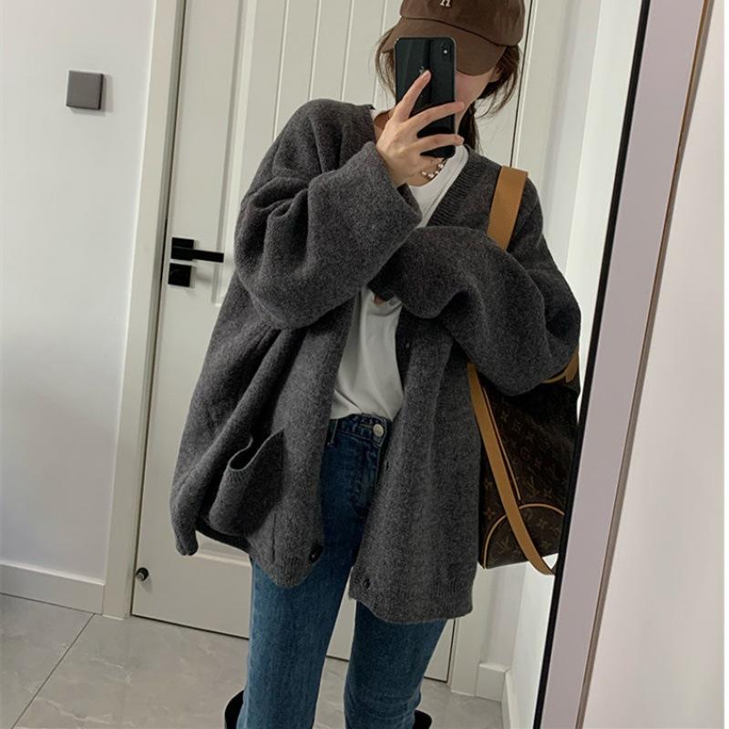 Autumn Winter Solid Color Loose Casual Cardigan Knitting Coat Women V-neck All-match Pocket Outwear Top