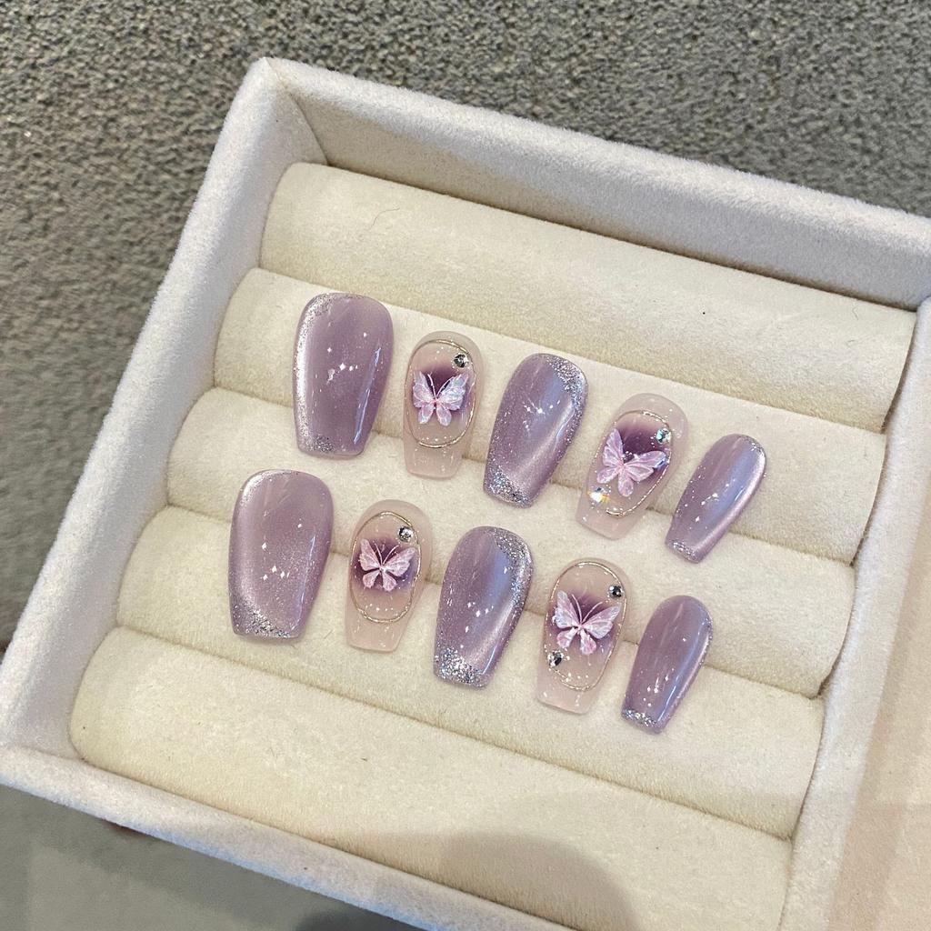 10pcs/set Handmade Dreamy Blue Press-On Nails Short Ballet Shape Gradient & Ombre Design Glossy Finish Removable False Nail Tips
