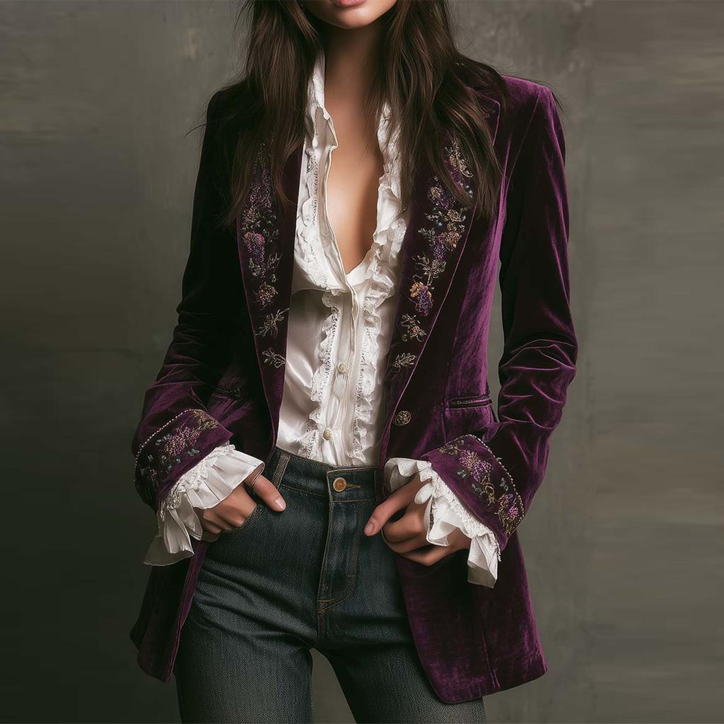 Women's Velvet Vintage Long-sleeved Cardigan with A Casual Opening and Mid-length Coat