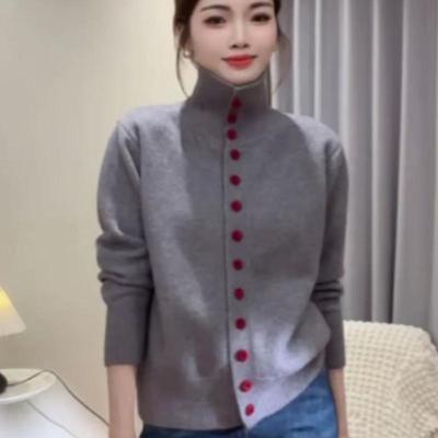 Red Button Women's Single-Breasted Knit Sweater, High-Neck, Solid Color, Versatile and Cozy for Autumn/Winter