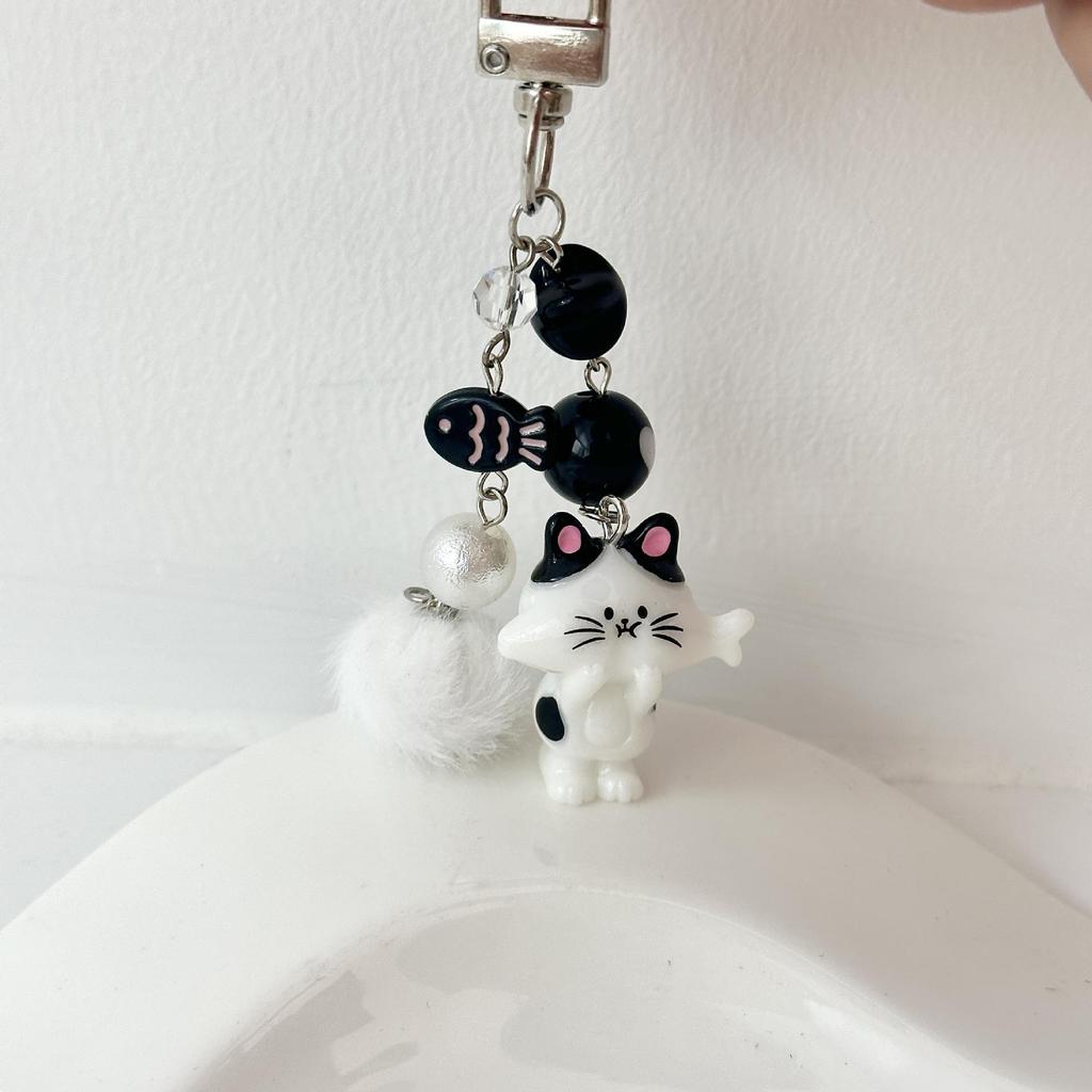 Japanese & Korean Cute Cat Keychain with Heart Pompon & Beaded Phone Strap Pendant
