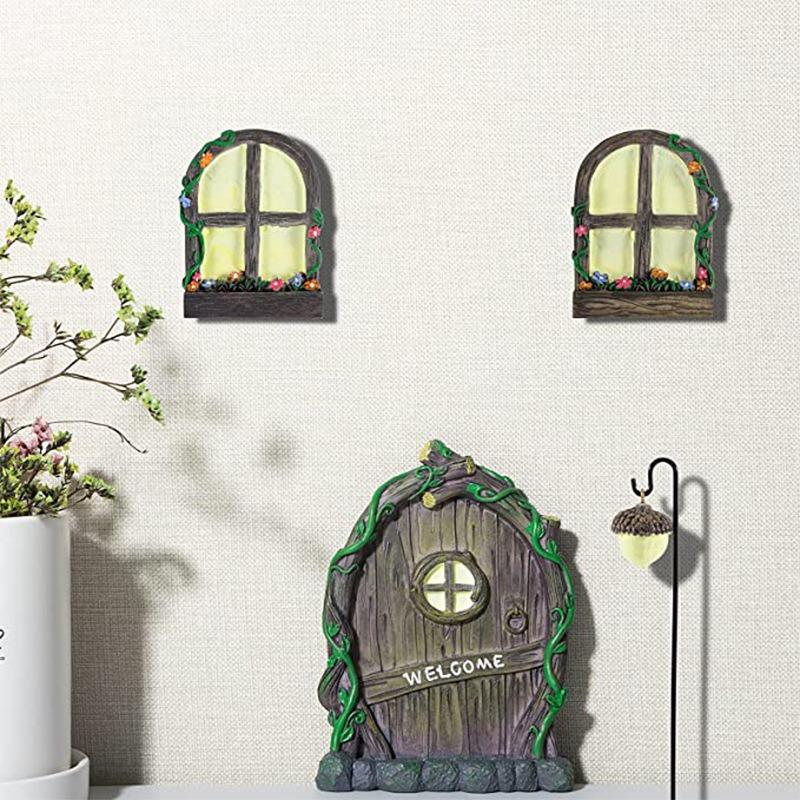 Resin Luminous Door and Window Hangers Set, Outdoor Garden Fairy Fairy Door Tree Hanging, Micro-landscape Wall Hanging Decoration