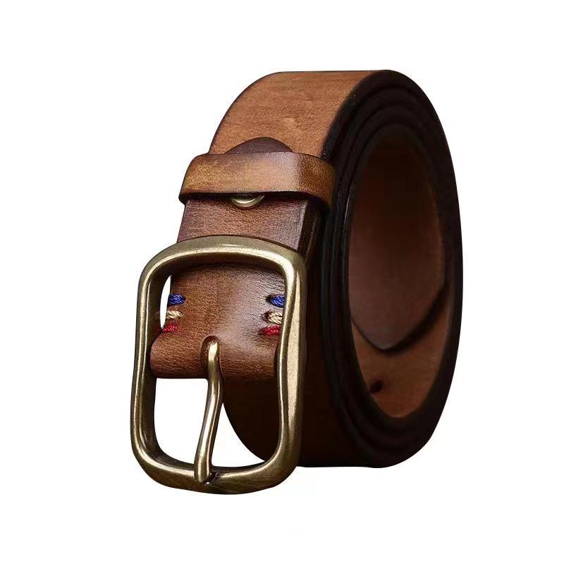 3.8CM Wide Thick Top Layer Pure Cowhide Copper Buckle Genuine Leather Belt for Men's Retro Versatile Jeans Belt