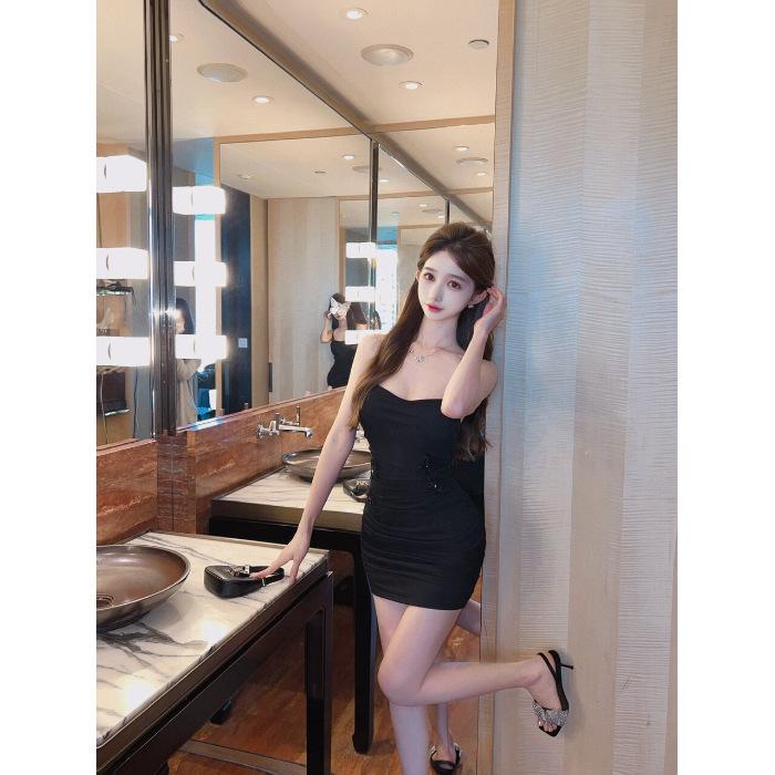

Spice girl low-cut deep v-neck sexy suspender dress women s summer base temperament waist and thin hip skirt L