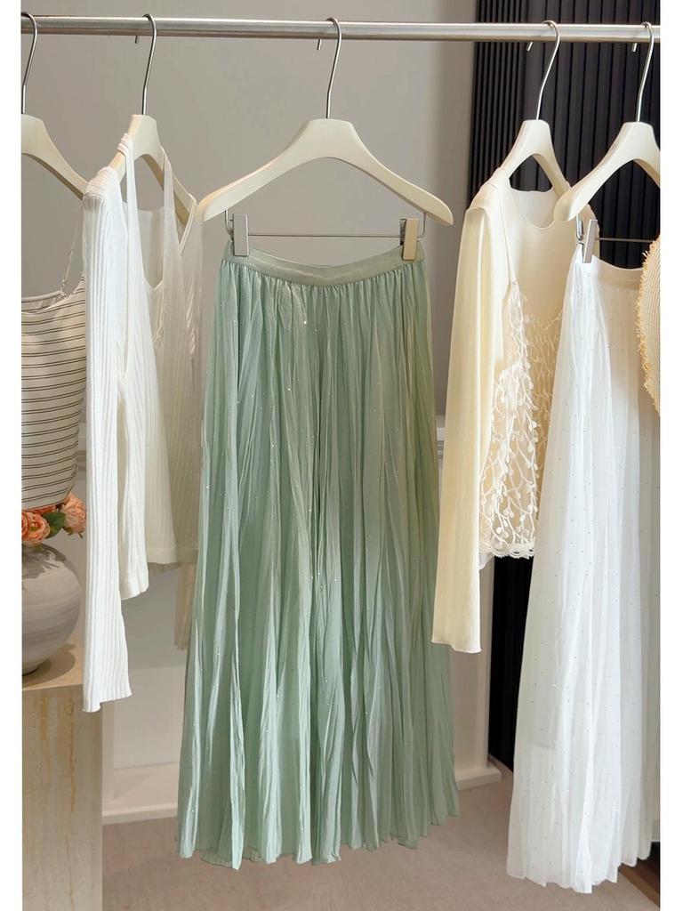 Ethereal Hot-Fix Pleated Chiffon A-Line Skirt for Women, Spring 2026 - Slimming with Large Hem Design