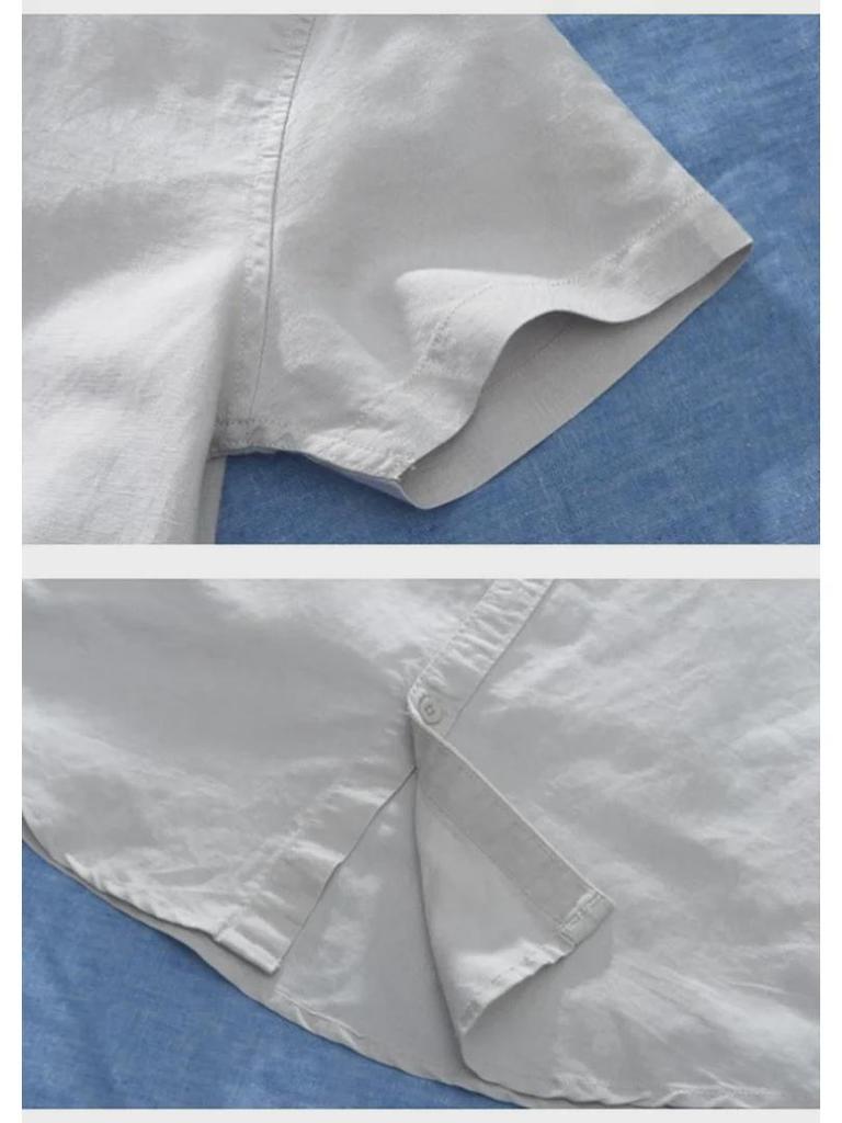 Men's Short Sleeve Stand Collar White Linen Shirt - Lightweight, Breathable, Casual, and Fresh.