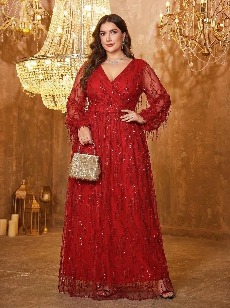 Plus Size Womens Elegant Sequined Bridesmaid Dress V-Neck Long Sleeve Slit Fitted Temperament Wedding Party Dress