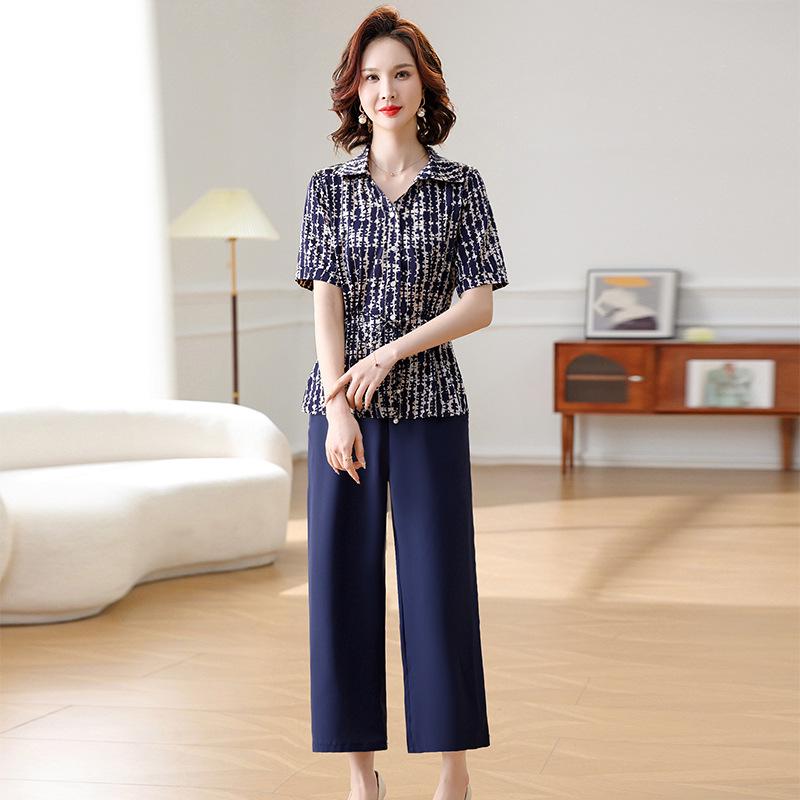 

Мамин летний шифоновый комплект блузки и брюк 2025 года: Стильный костюм-двойка для женщин среднего и пожилого возраста 4XL