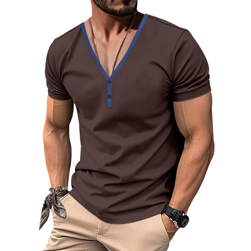 

2026 Summer Men T-shirt V-neck Fashion Design Slim Fit Soild T-shirts Male Tops Tees Short Sleeve T Shirt For Men S коричневый