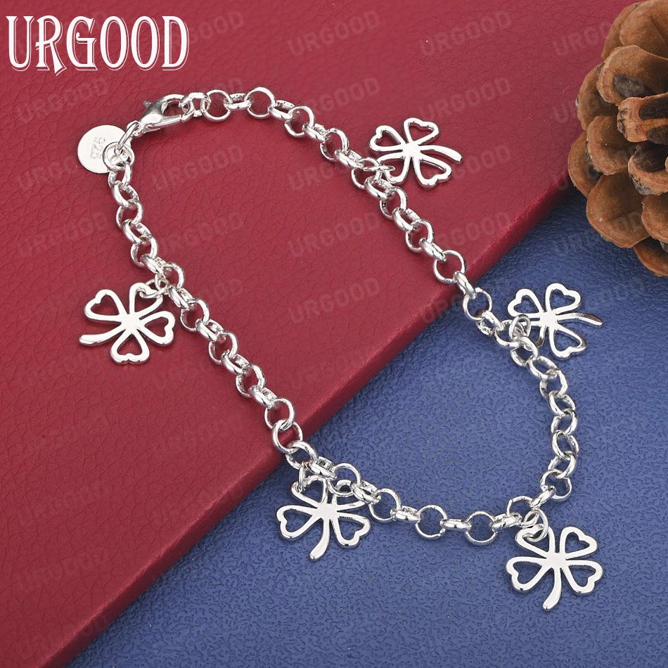 925 Sterling Silver Clover Flower Pendant Bracelet Chain Fashion Wedding Jewelry