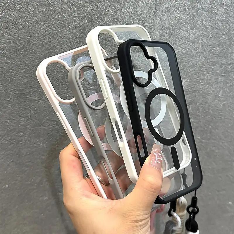 Magsafe Clear Phone Case For iPhone 15 14 16 Plus 11 12 13 Mini 16 Pro Max With Lanyard Shockproof Armour Wrist Strap Back Cover