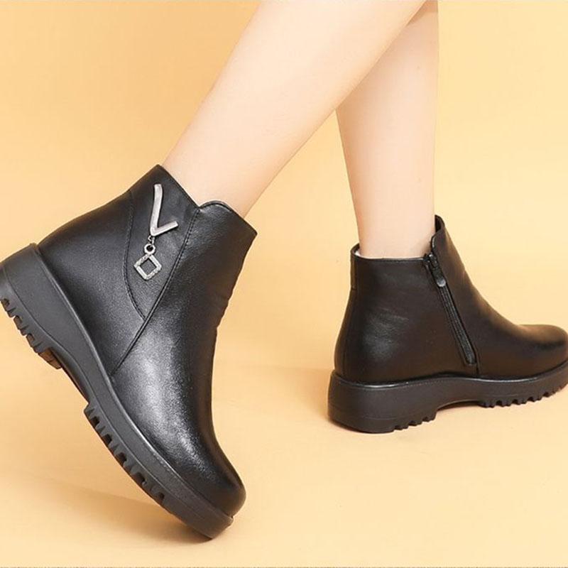 Dámské plyšové teplé kožené boty Měkká kůže Měkká podrážka Protiskluzové Boty na ploché podrážce Kotníkové boty Zateplené boty na zimu