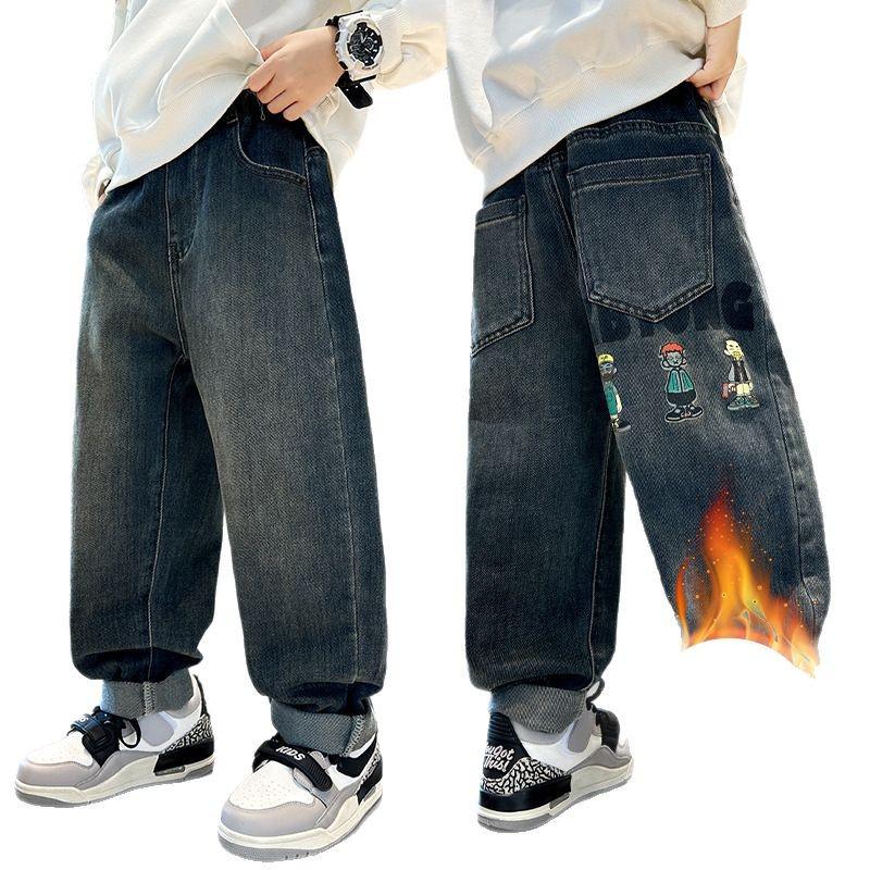 Chlapecké zateplené zimní džíny s fleecovou podšívkou - Teplé bavlněné kalhoty pro střední a velké děti (Kolekce 2025)