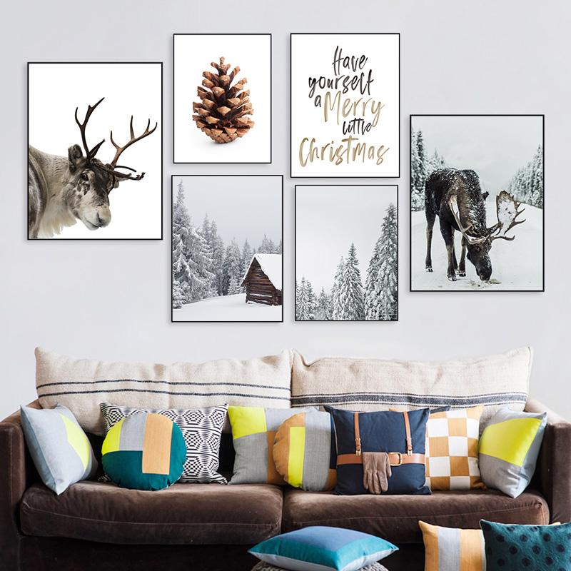 Christmas Posters and Prints Winter Scene Forest Cabin Deer Canvas Painting Nordic Wall Art Print for Home Room Decor No Frame