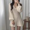 Korean Chic Lantern Sleeve V-Neck Knitted Sweater Dress