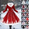 Women's Casual Dress Long-Sleeve V-Neck Patchwork Fleece Christmas Print Dress
