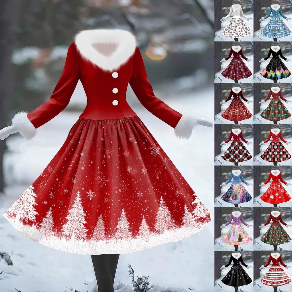 Women's Casual Dress Long-Sleeve V-Neck Patchwork Fleece Christmas Print Dress