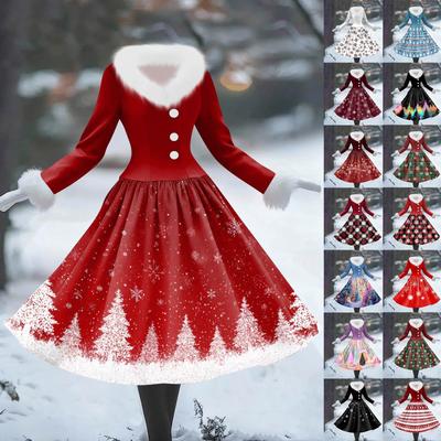 Damen Freizeitkleid Langarm V-Ausschnitt Patchwork Fleece Weihnachtsprint Kleid
