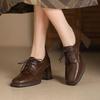 Women's Soft Leather Round Toe Chunky Heel Lace-Up Shoes, British Style, Spring/Autumn 2025