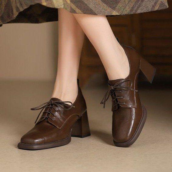 Women's Soft Leather Round Toe Chunky Heel Lace-Up Shoes, British Style, Spring/Autumn 2025