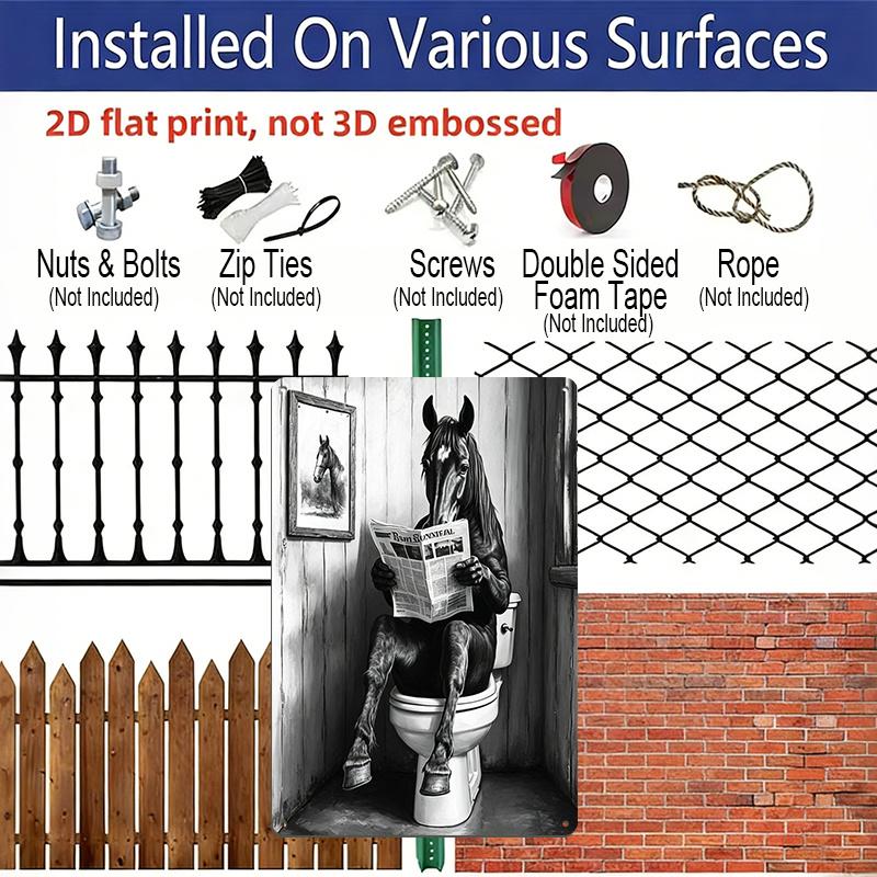 2D Vlak 8×12 Inch Grappig Paard Leest Krant op Toilet Metalen Bord - Grillige Zwart-Witte Badkamer Wanddecoratie, Aluminium Ophanging voor Toiletruimte