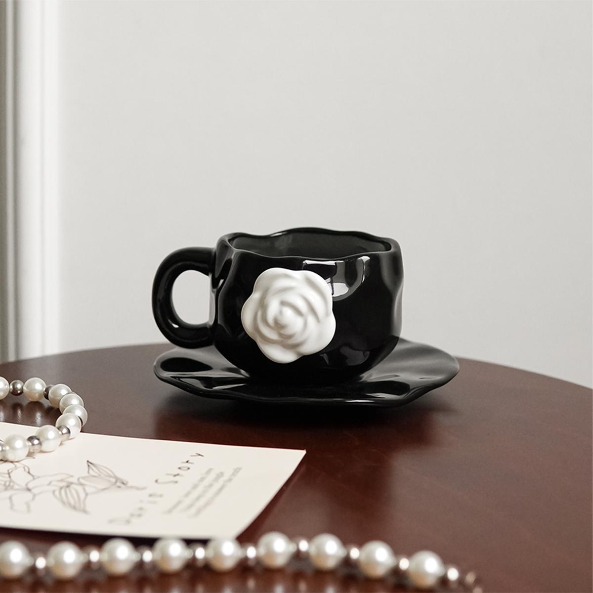 1Pc350Ml High-End Camellia Mug Exquisite Niche Design Ceramic Mug Afternoon Tea Camellia Ceramic Cup Mug Coffee Cup Gift Souveni 301-400ml