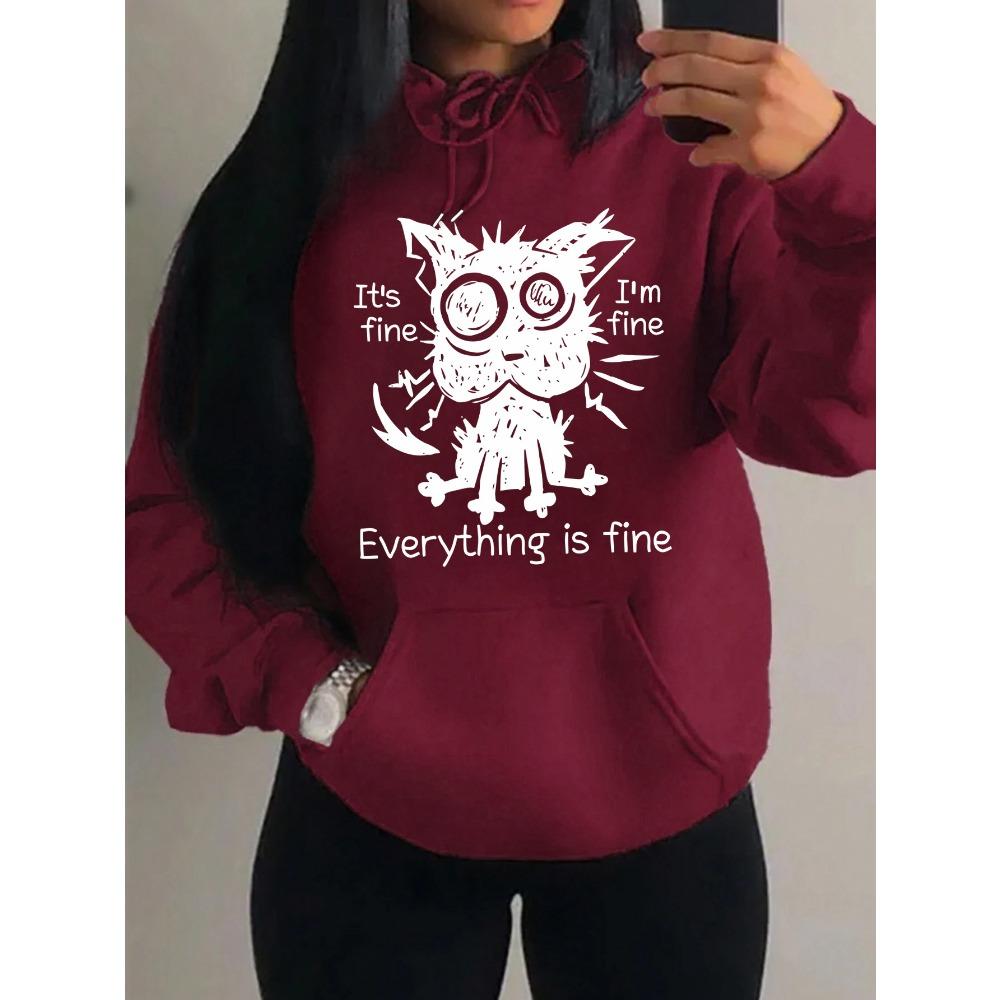 Everything Is Fine Funny Dog Printing Women Hoodies Fleece Hoody Autumn Loose Hoodie Pocket Comfortable Woman