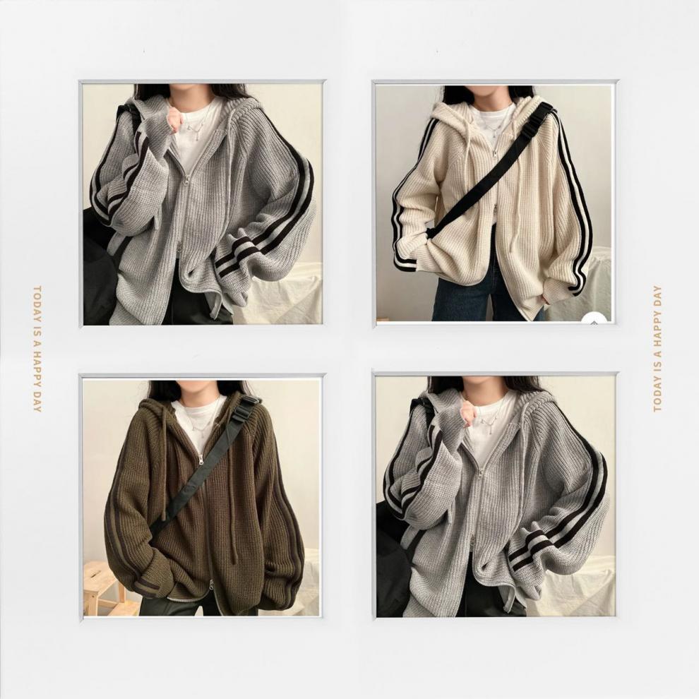Korean Chic Striped Drawstring Hooded Knit Cardigan for Women - Autumn/Winter Collection