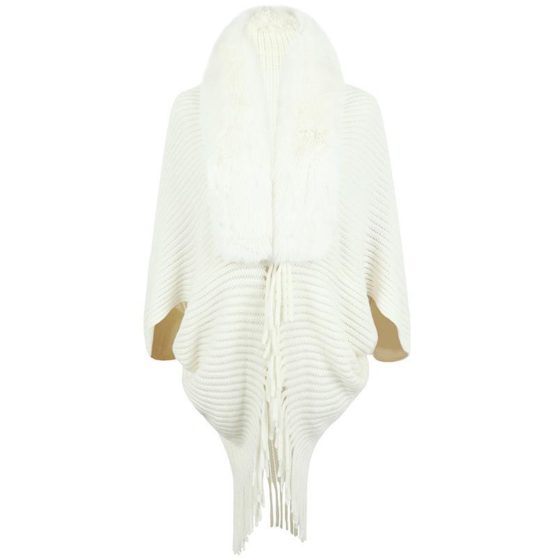 Poncho Châle Cape en Tricot avec Col en Fourrure et Franges pour Femme Vêtement d'Extérieur Chaud